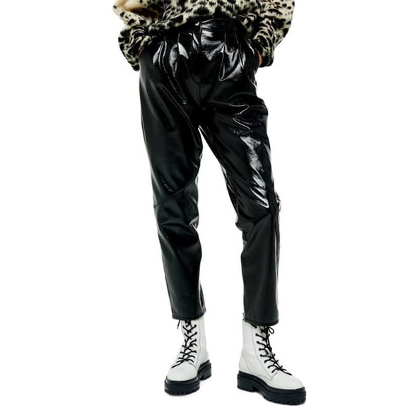 TOPSHOP Black Vinyl Peg Trousers 12 6 - Picture 1 of 7